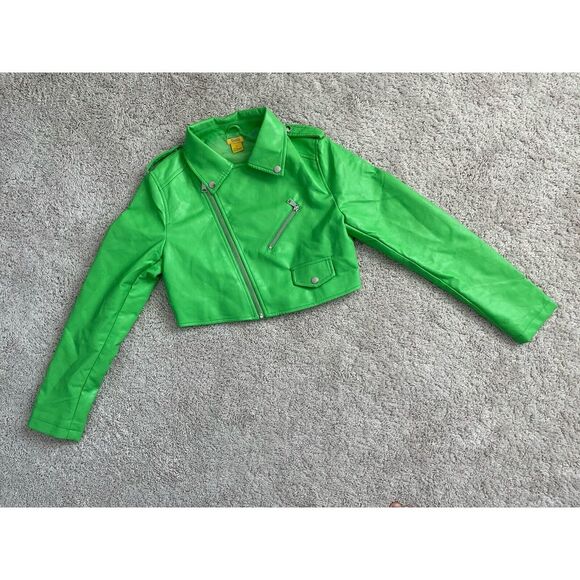 Women's Juniors Daisy Size Medium Neon Green Faux Leather Cropped Moto Jacket - Picture 2 of 3